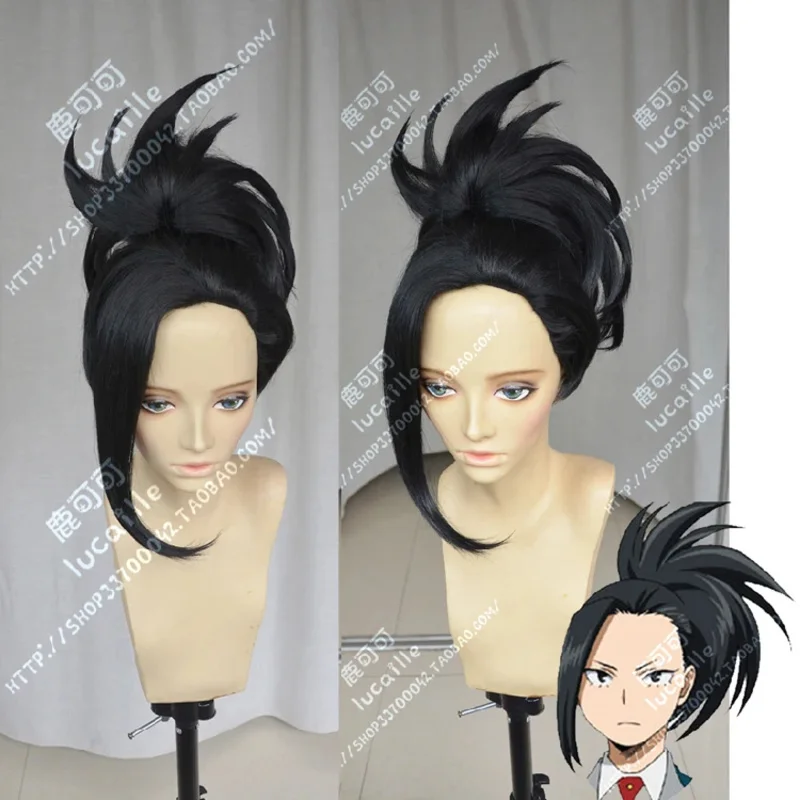 Парик для косплея из аниме Baku no Hero Momo Yaoyorozu короткий черный термостойкий конский
