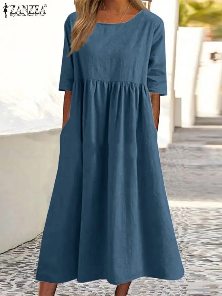 Купи ZANZEA Vintage Dress O-Neck Half Sleeve Solid Dresses Summer Women Mid-Calf Length Robe Female Causal Holiday Sundress Kaftan за 1,012 рублей в магазине AliExpress