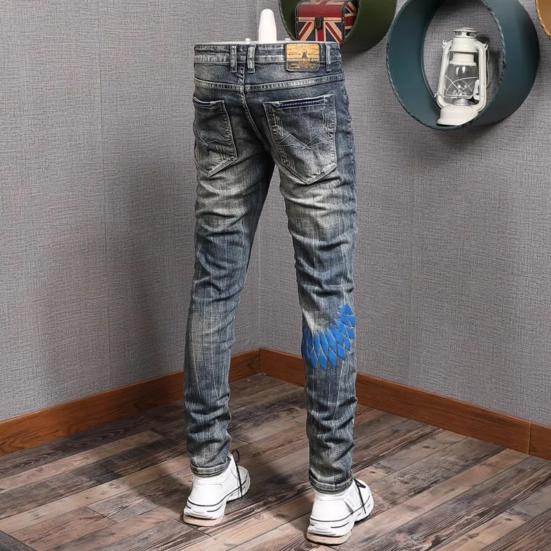 Fashion Trendy Men Jeans Retro Washed Blue Elastic Stretch Slim Fit Ripped Jeans Men Printed Designer Vintage Denim Pants Hombre