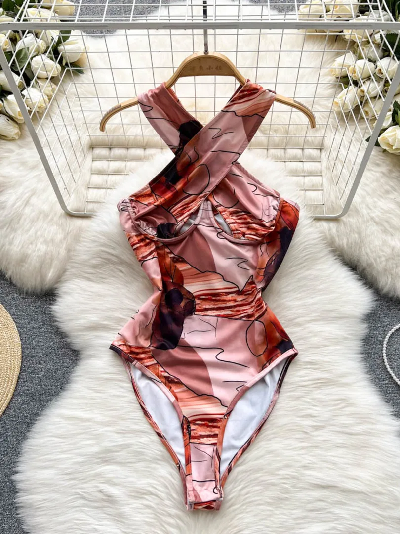 

Sexy Criss Cross Spaghetti Strap Sleeveless Bodysuit Women Summer Fashion Print Skinny Cutout Club Party Body Tops Casual Street