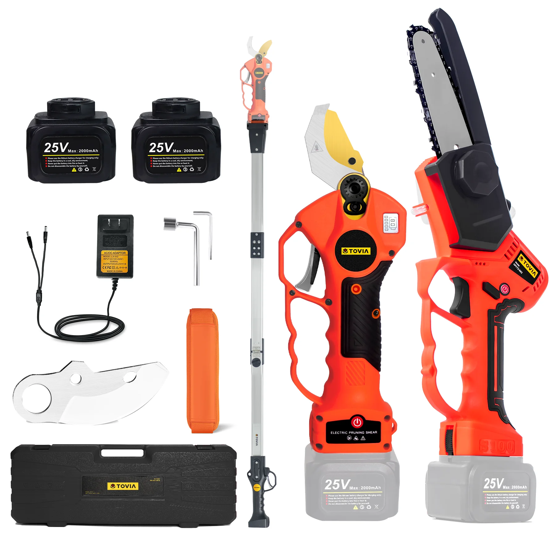 

T TOVIA Cordless Electric Pruner with 7.5 Foot 1.9m High Reach Extension Pole and 5 Inch Handheld Electric Chain Saw