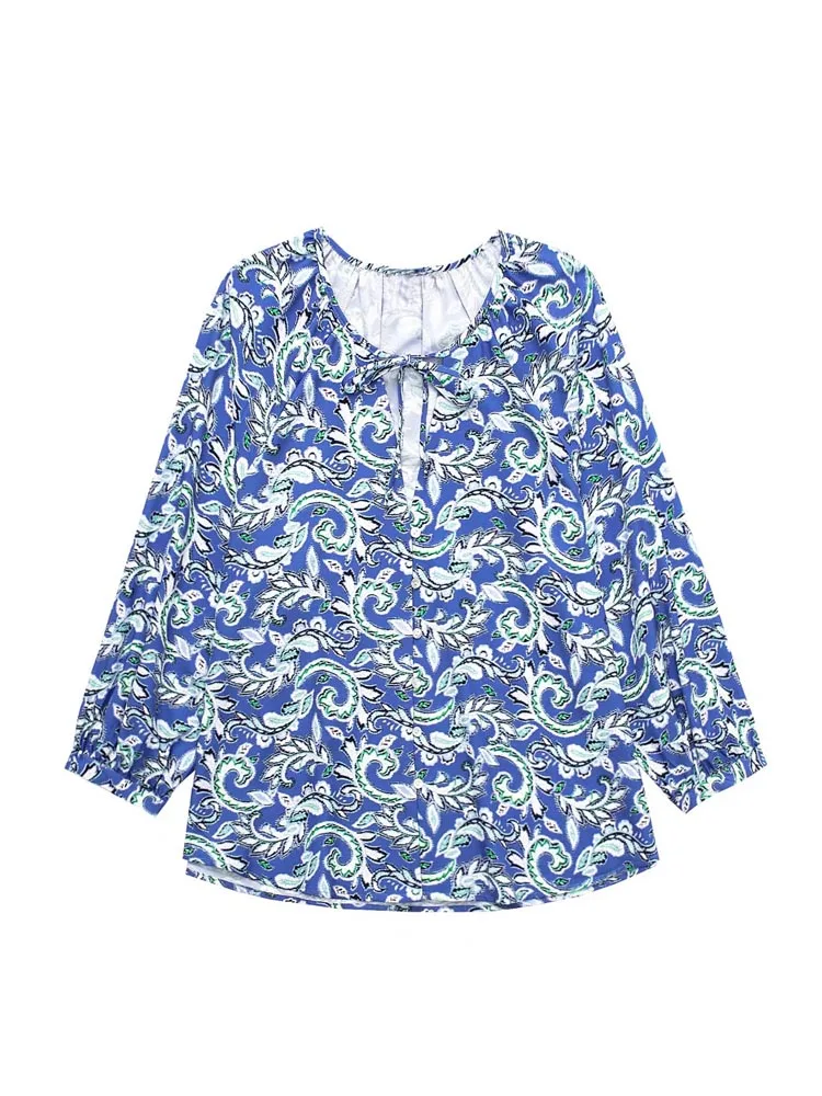 

2022 Summer Women Loose Blouses Shirts Tops Fashion Print V-Neck Bow Tie Female Street Top Smock Clothing