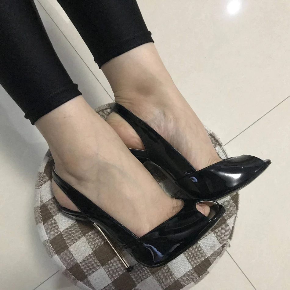 Women Stiletto Thin Iron High Heel Sandals Sexy Sling Back Peep Toe Black Patent Party Bridal Ball Lady Shoe 3845-g