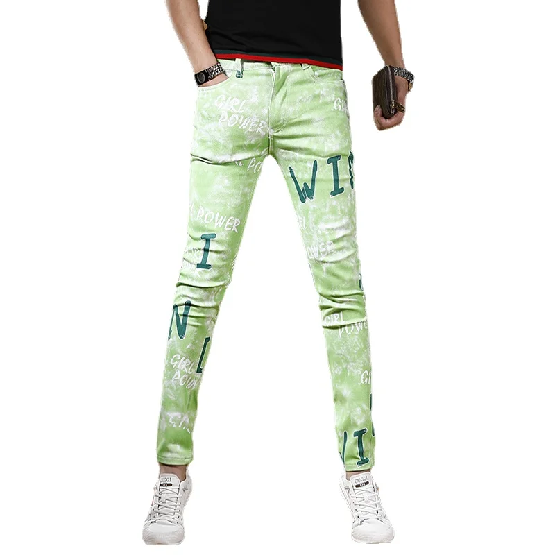 Summer Men Fashion Printed Green Jeans Streetwear Casual Slim Fit Straight Pants Korean Style Digital Printing Denim Trousers