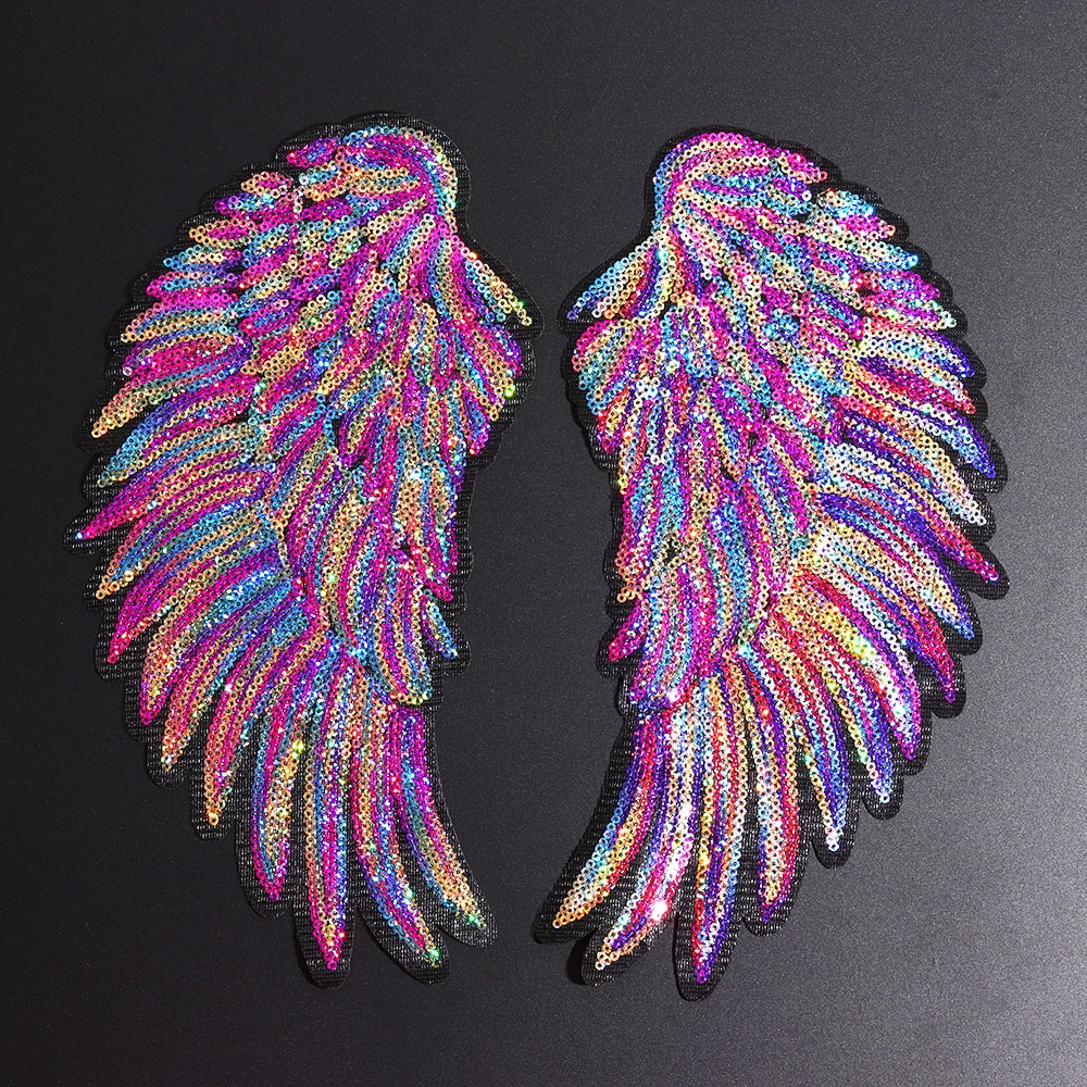 

2PCS Rainbow Feather Wings Sequin Dreamy Sew Iron On Patches Embroidered Badges For Clothes DIY Appliques Craft Decoration