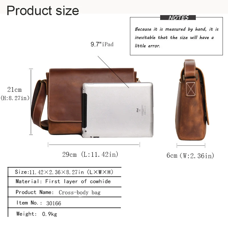 Vintage Men's Casual Crazy Horse Leather shoulder bag Large capacity Messenger Bag Crossbody bag 30166