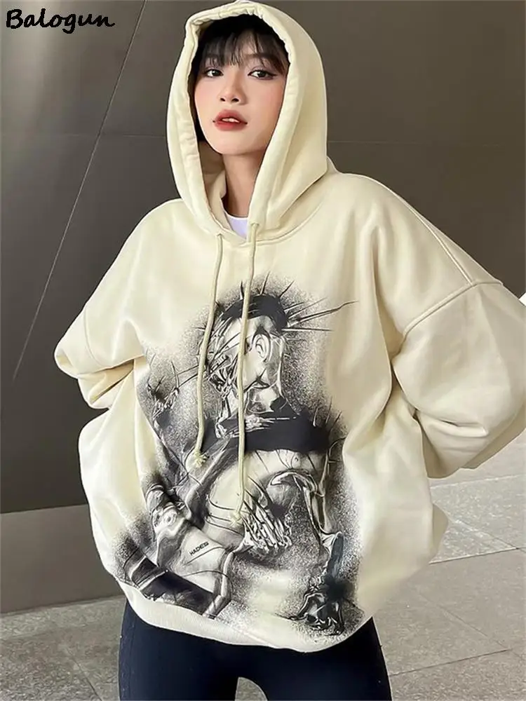 

Balogun Summer Streetwear Khaki Print Hoodies Women 2022 Long Sleeve O Neck Hooded Pullover Tops Female Casual Baggy Sweatshirts