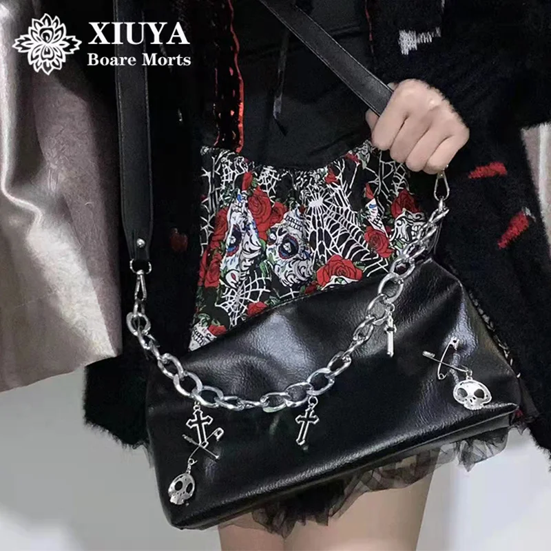 

Женская наплечная сумка Xiuya в стиле Харадзюку, модель 2021 года, с изображением черепа, в стиле панк-рок, с металлической цепочкой