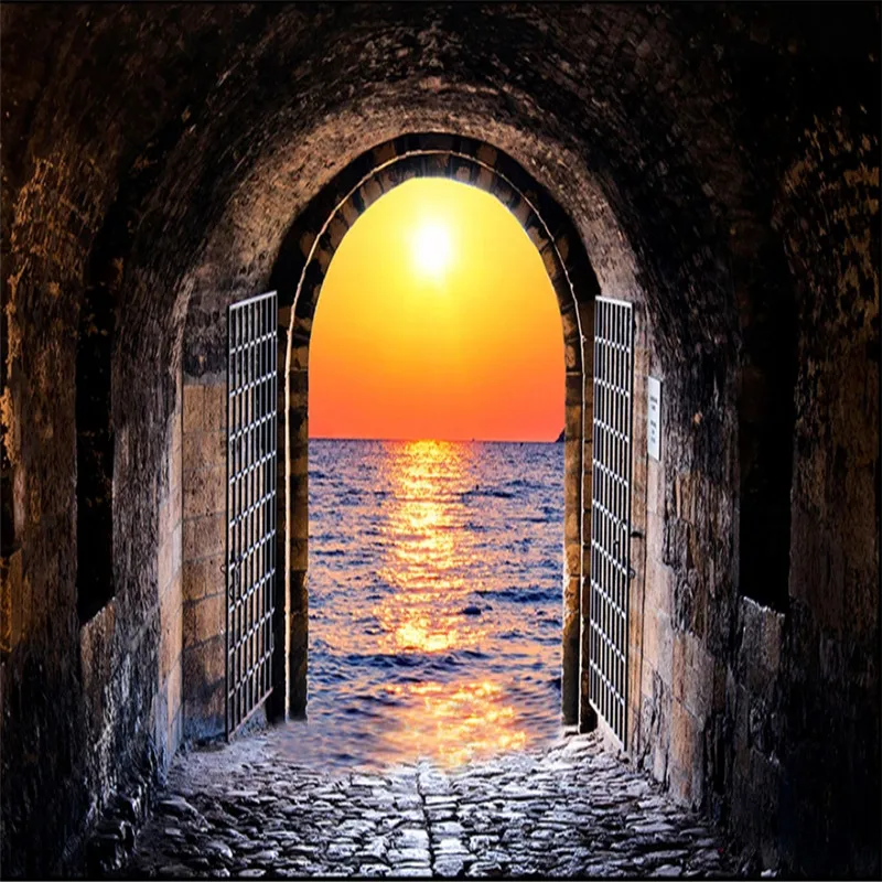 Retro Brick Wall 3D Space Tunnel Sunset Seascape Photo Mural Wallpapers for Bar Cafe Restaurant Industrial Decor Paper - купить по