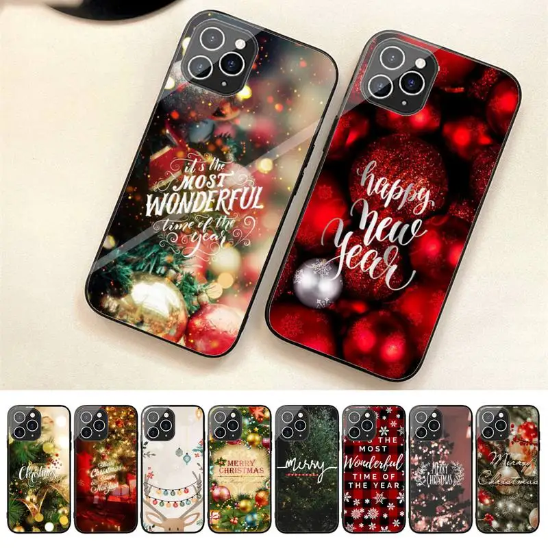 

New Year Merry Christmas Phone Case For Iphone 7 8 Plus X Xr Xs 11 12 13 Se2020 Mini 14 Pro Max Tempered Glass Fundas