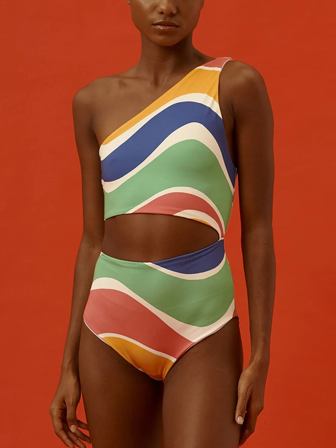

Vintage Colorblock Print Beach One-Piece Swimsuit