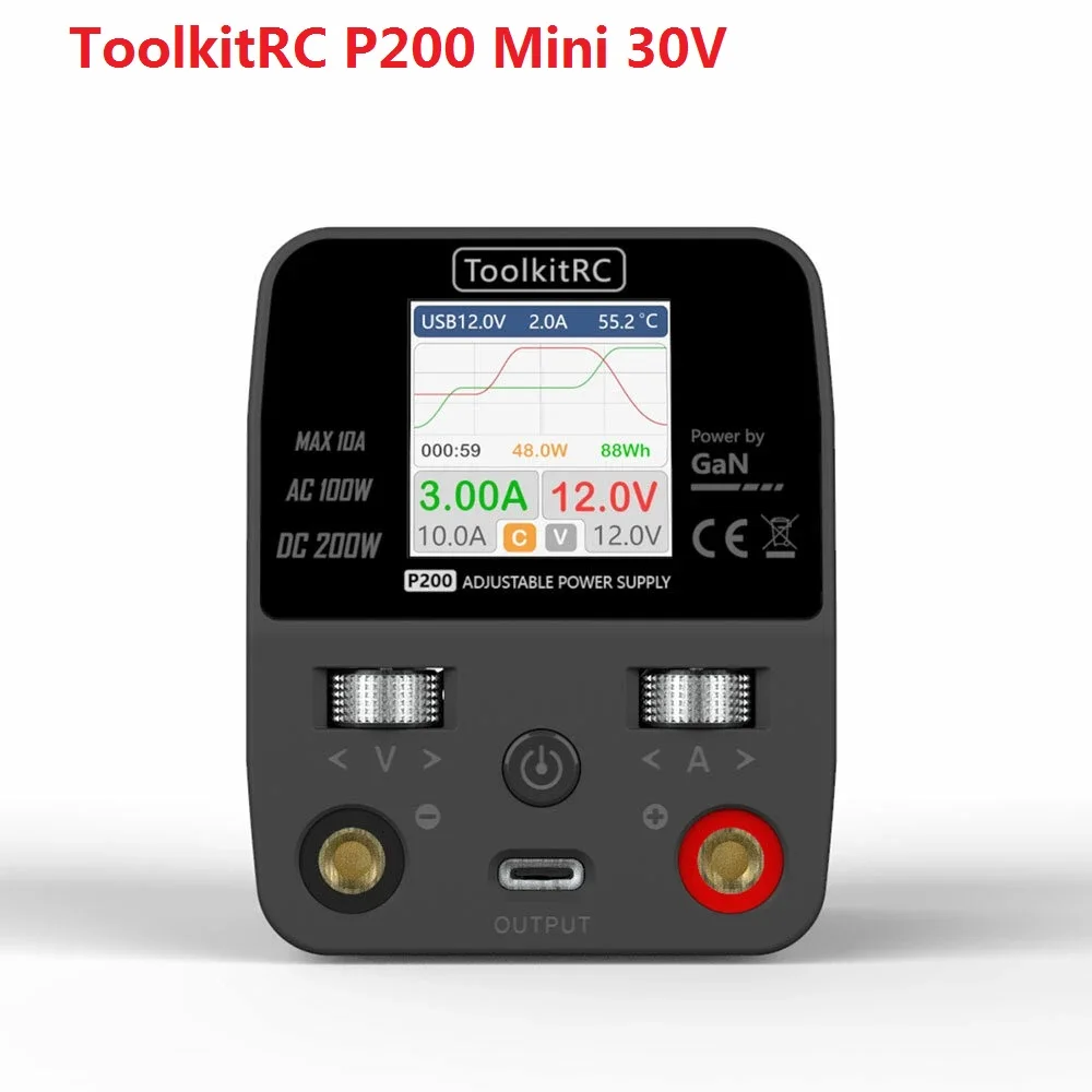 ToolkitRC P200 Mini 30V AC100W DC200W 10A GaN Регулируемый Настольный мини-источник питания USB выход 4