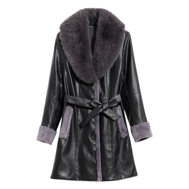 Women's Clothing Fur Coat Slim-Fit Coat Velvet PU Leather Clothing Fashion Big Fur Collar Jacket