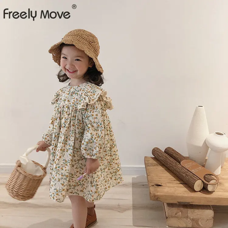 

Freely Move Girls Cotton Dress Autumn Kid Clothes Flower Princess Puff Sleeve Dress Long Sleeve Ruffle Girls Casual Dresses