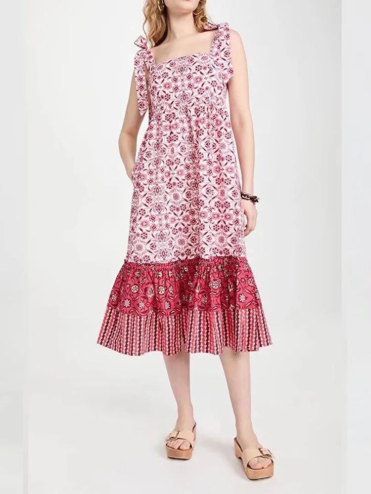 

Новинка 2023, модное маленькое женское платье в европейском и американском стиле, нежное милое розовое платье на бретельках с принтом