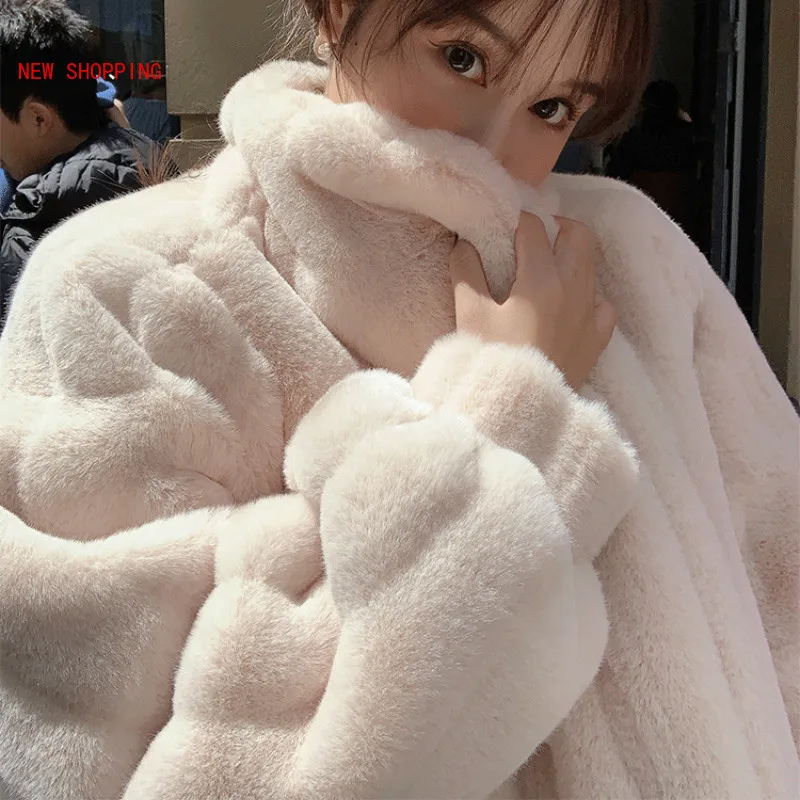 Autumn Winter Faux Fur Furry Coat Women's Winter Mid-length Stand-up Collar Plush Fleece Mink Fur Loose Korean Warm Coats Pink