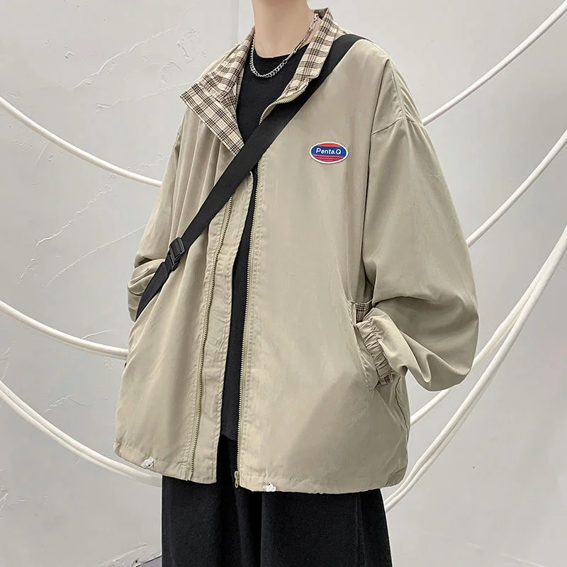 

Hybskr Plaid Men's Spring Coats Loose Vintage Japanese Style Streetwear Stand Collar Male Khaki Jackets Casual Fashion Clothing