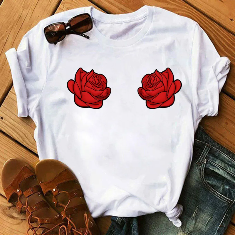 

rose flower print t shirt new fashion women t shirt harajuku tops female cute tee shirts 90s girls short sleeve t-shirt Clothing