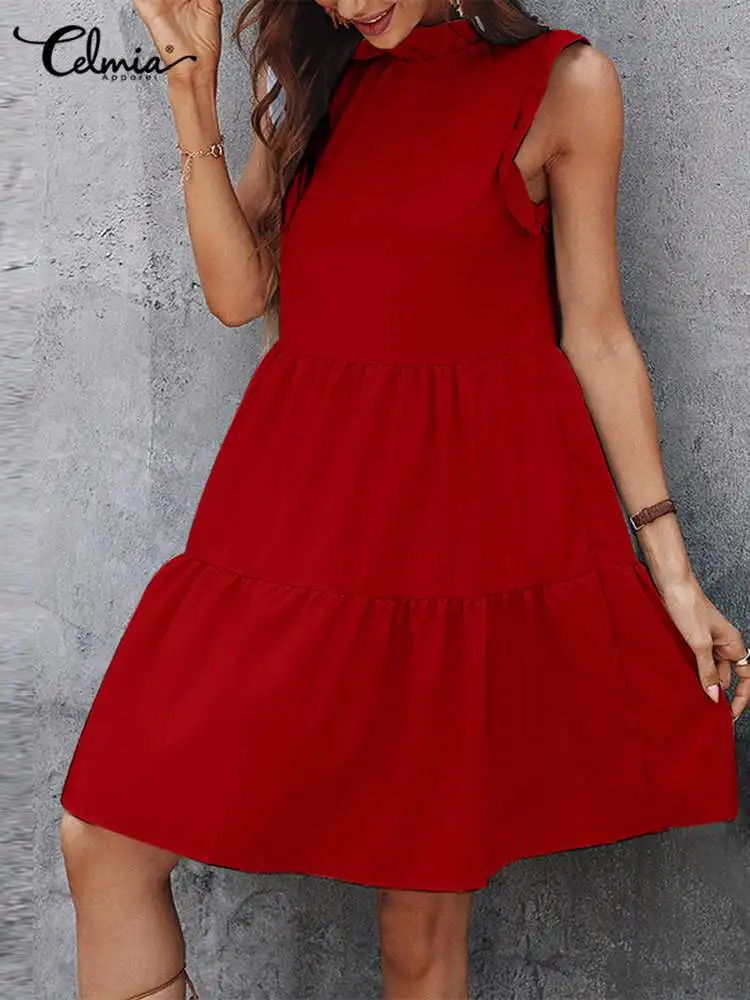 

Сшитый подол Celmia, платье на бретелях с оборками, однотонное Повседневное платье-трапеция с круглым вырезом, Женский праздничный мини-сарафа...