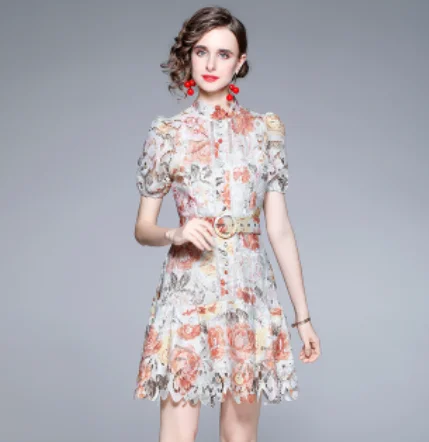 

Женское кружевное платье с цветочной вышивкой, винтажное короткое платье с высокой талией, воротником-стойкой и рукавами-фонариками, весна-осень