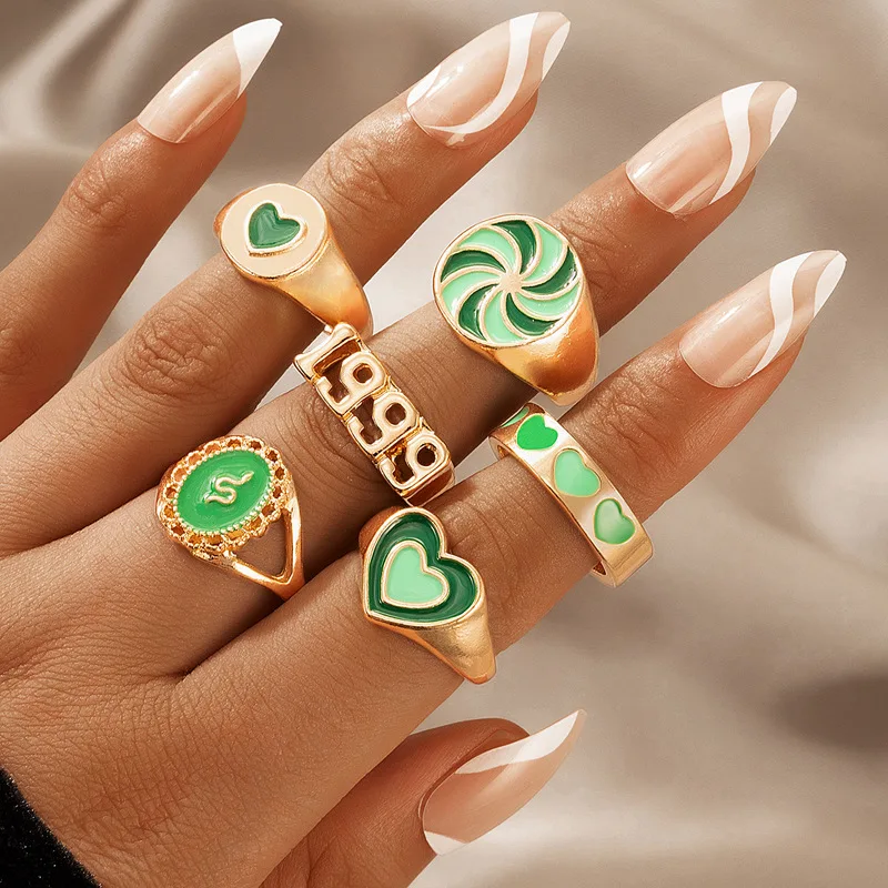 

Green Enamel Love Style 6-piece Ins Ring for Women