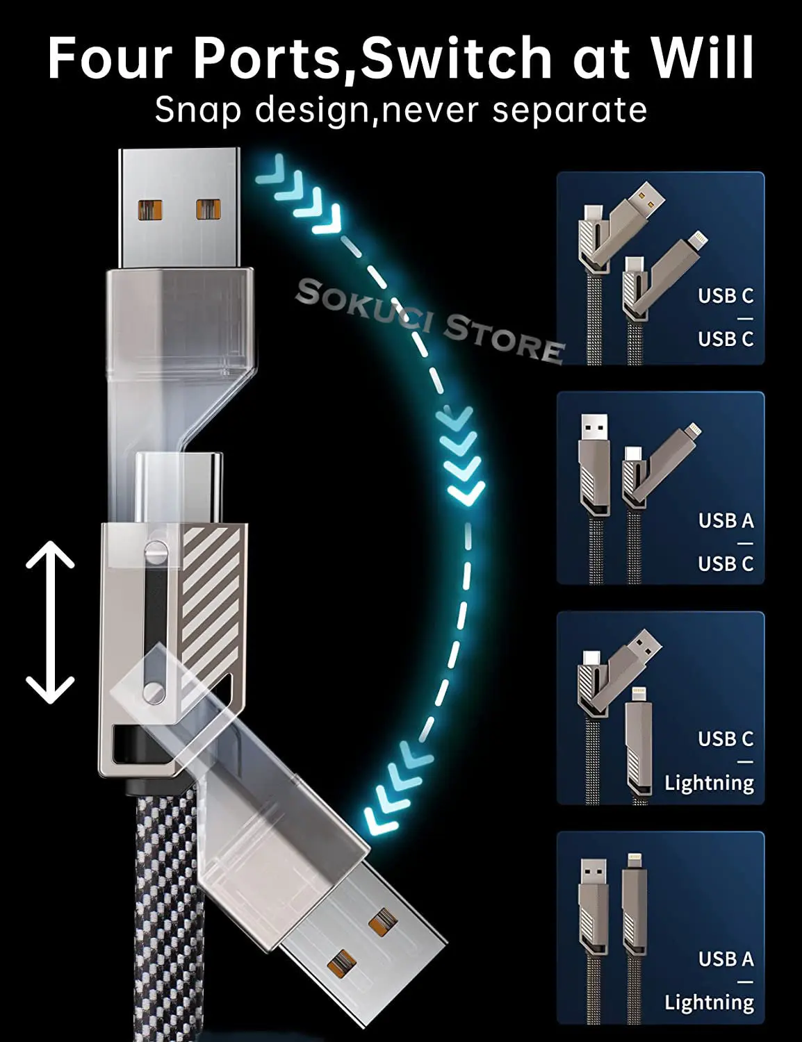 4-in-1 USB C Lightning Cable 60W PD[Fast Charging & Data Sync] Braided Anti-Tangle iPhone Charger,Multi Charging Cable Combo ios