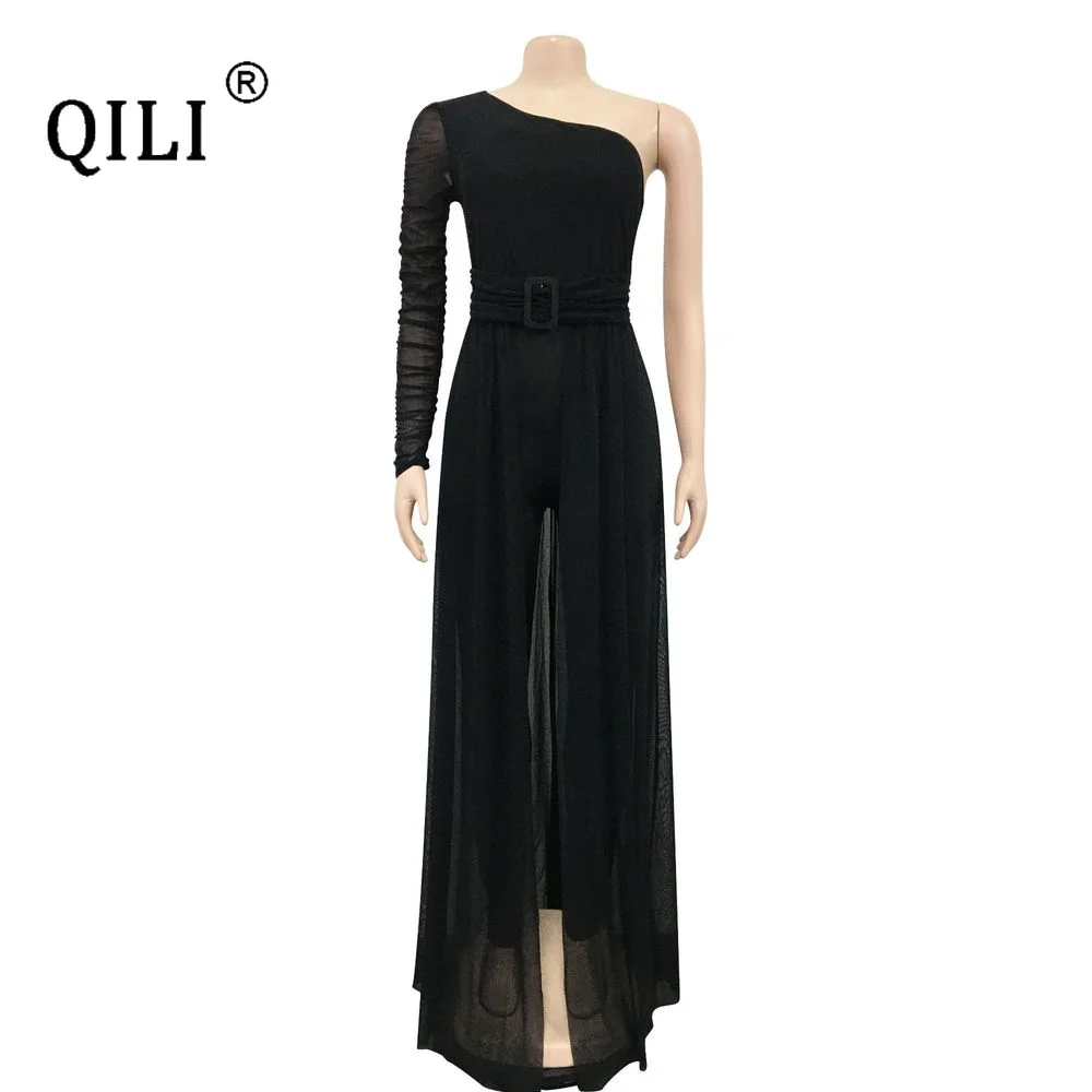 QILI One Shoulder Womens Fake Two Piece Jumpsuits Fashion Casual Outing Clothes Travel Jumpsuit Elagant Lady Party Wear
