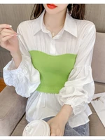 fake two piece top women patchwork button up shirt womens blouse spring slim fashion woman clothes 2022 long sleeve top blouses