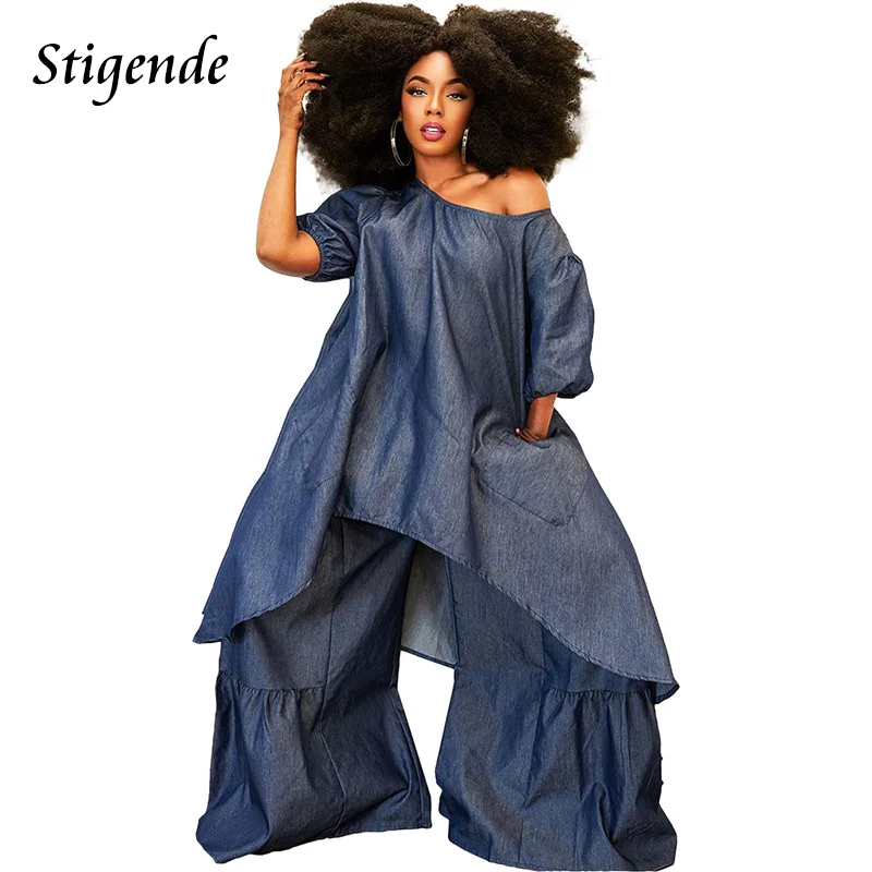 

Женский джинсовый костюм-двойка, с коротким рукавом и широкими штанинами