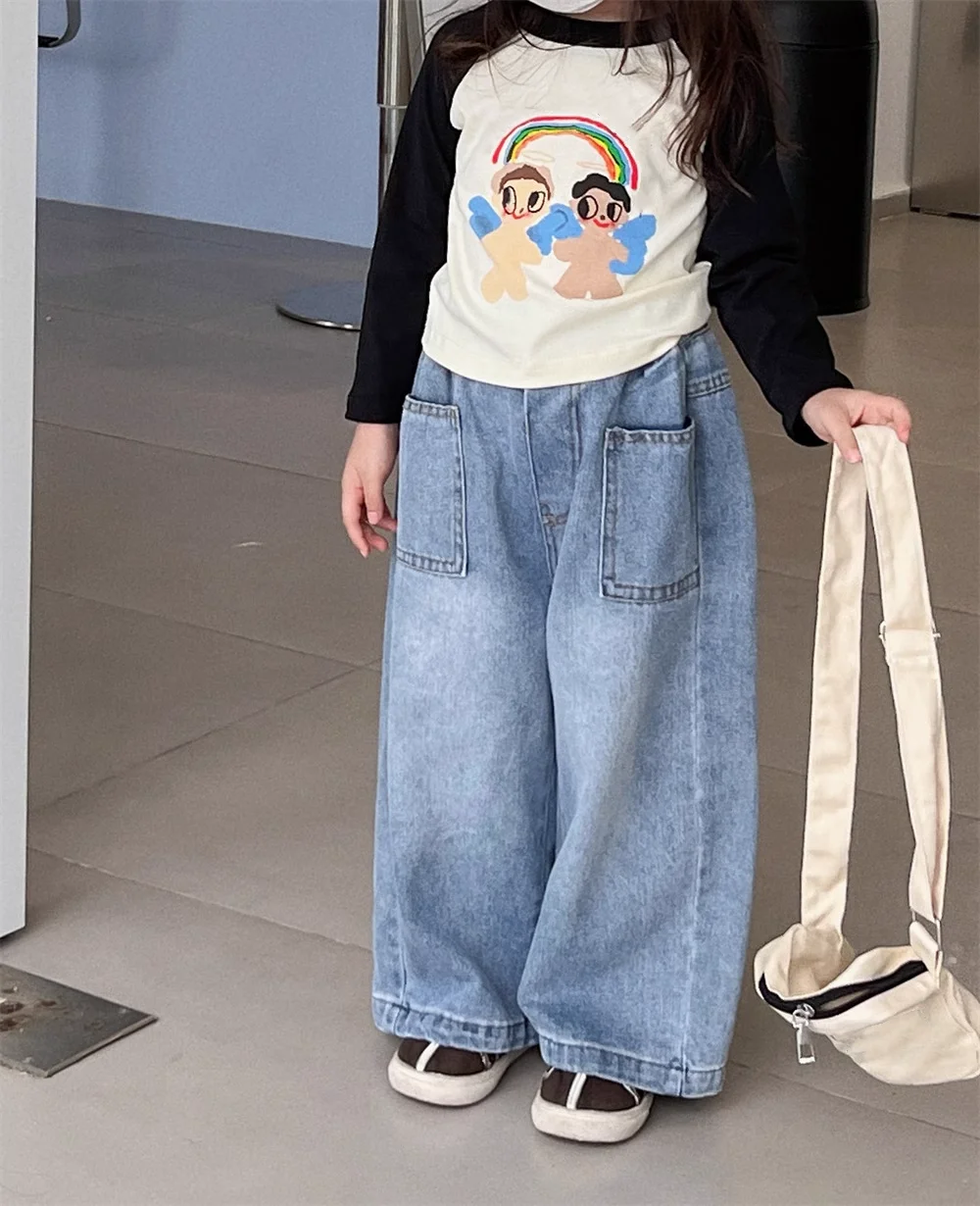 Весенне-осенние детские широкие джинсы с карманами контрастные свободные брюки