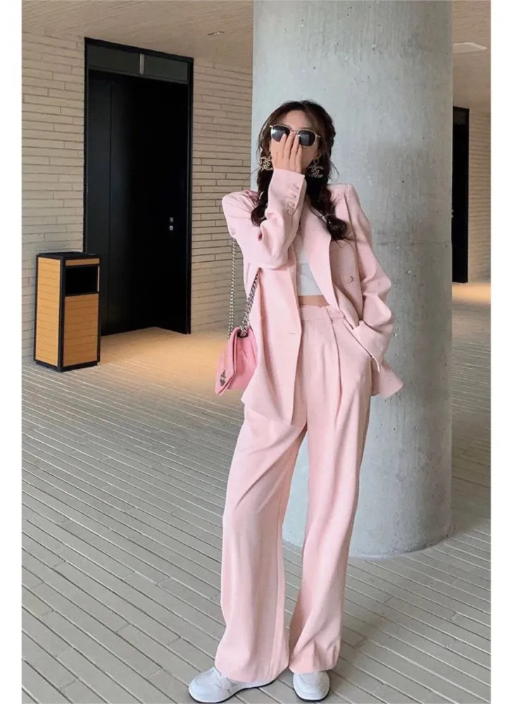 E GIRLS  Women Spring Office White Pink Suit Two-Piece Pantsuit Elegant Blazer Female Set Casual Loose Pants Jacket Work Clothes