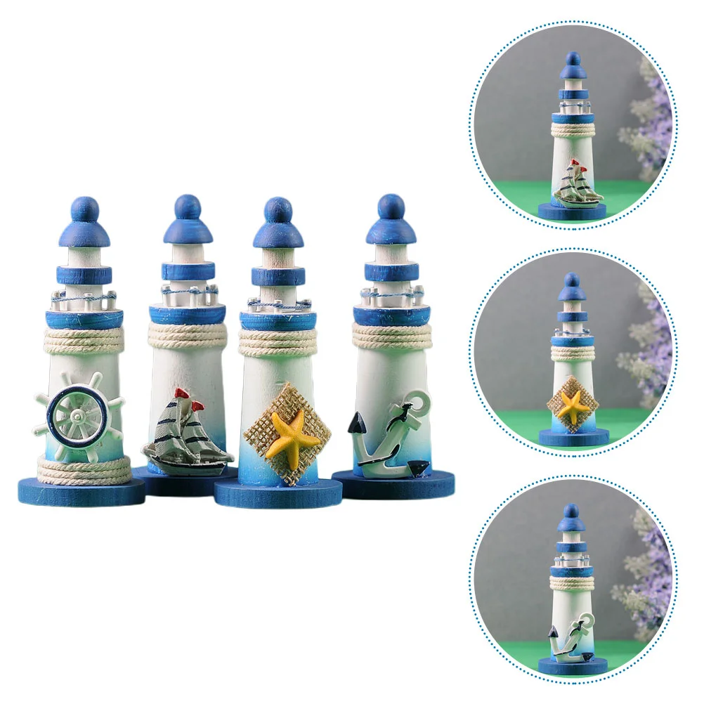 

4 Pcs Fishing Decor Mini Lighthouse Decorative Mediterranean Style Gift 5X13CM Home Wooden Blue Adornment Office