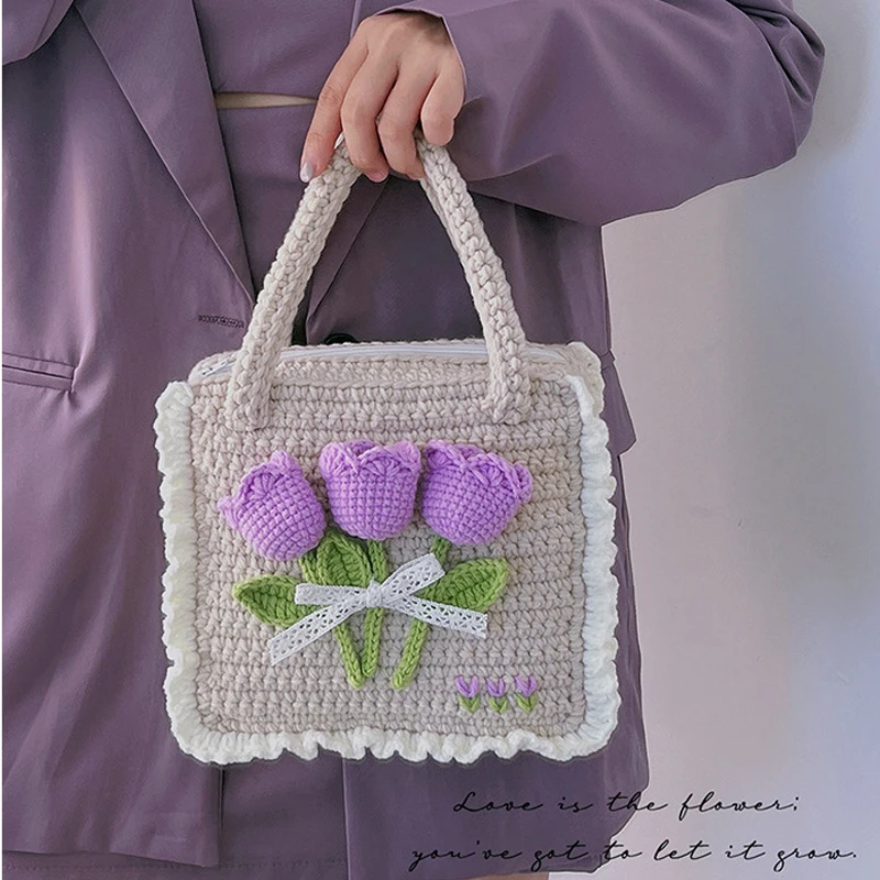 

Knitting Bags for Women Knitted Purple Tulip Flower Tote Bag Basket Handbag Outing Crochet Bag Girlfriend Gift Floral Bucket New