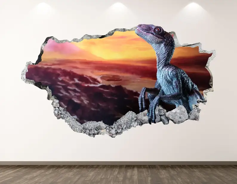 

Наклейка на стену в виде динозавра, вулканический огонь, 3D разбитая стена, художественная наклейка, украшение для детской комнаты, виниловый постер для дома, индивидуальный подарок KD64