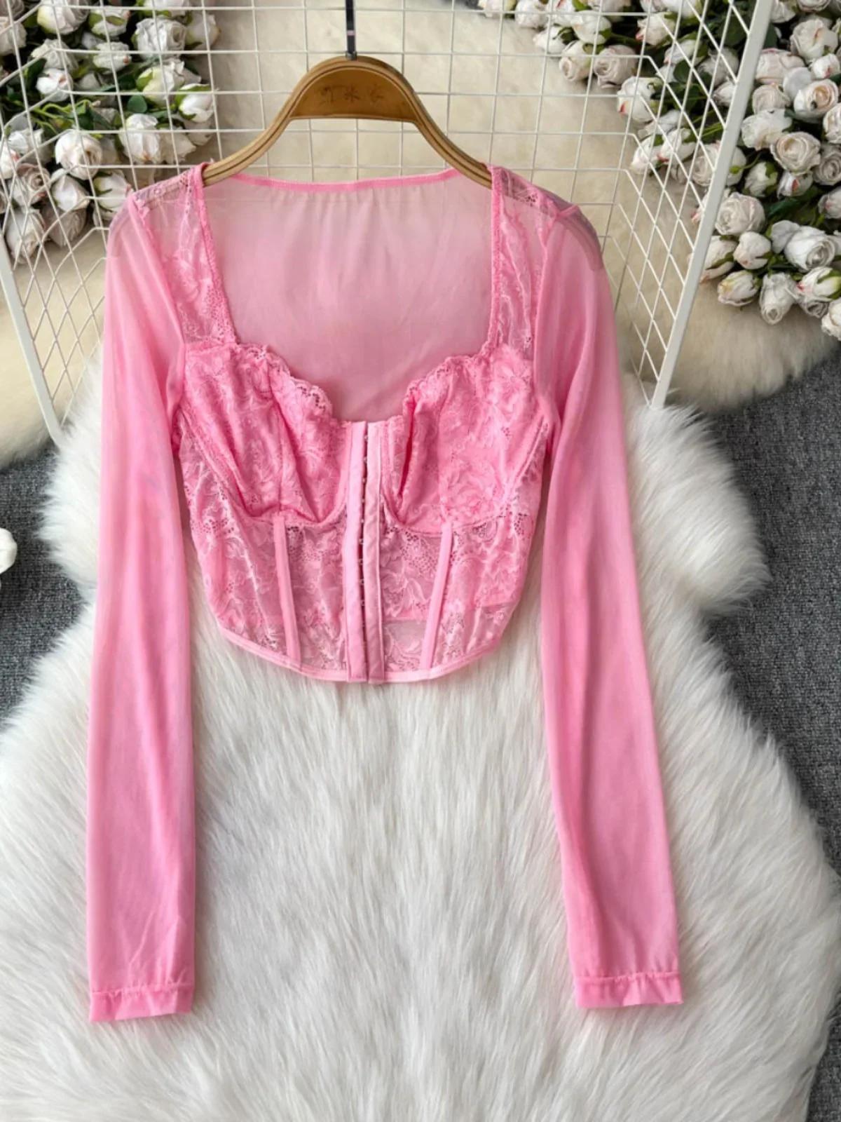 Foamlina Сексуальная футболка с квадратным вырезом и кружевной сеткой длинными