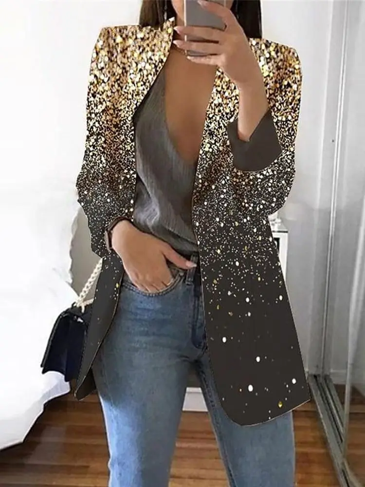 

Fashion Women Casual Coats Pocket Design Bling Bling Elegan Notched Collar Glitter Print Long Sleeve Blazer