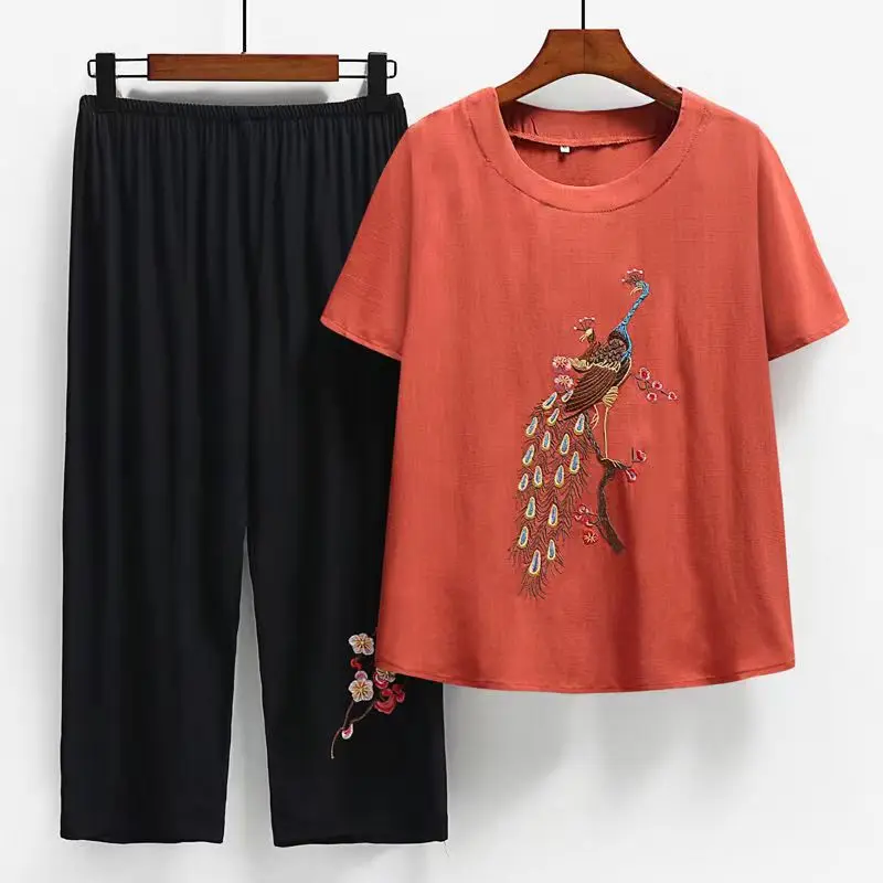 

Fdfklak Korean Summer Peacock Embroidery Short-Sleeved Suit Crew Neck T-Shirt Pant Sets Loose Two Piece Set For Women Clothes