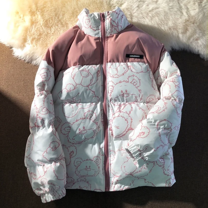 Women Warm Thicken Outerwear Loose Parkas Coats Fashion Cartoon Printed Cotton Windbreaker Jacket Zip Coat Jackets 2021 Winter