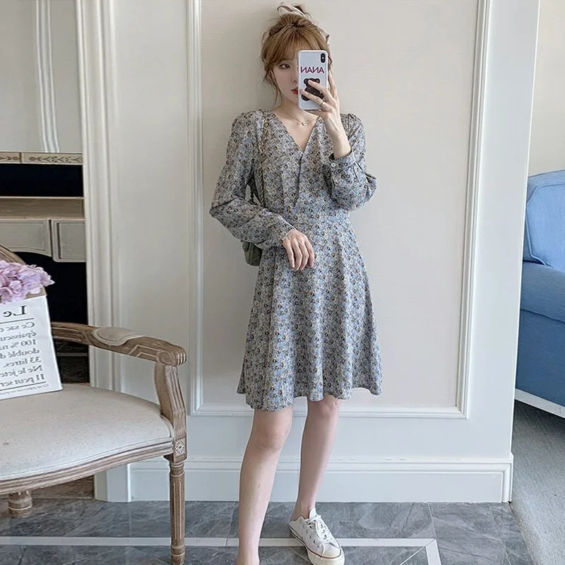 

New Chiffon High Waist Floral Dress 2023 Women Sweet V-Neck Long Sleeve Cottagecore Dress Spring Autumn Streetwear Elegant Cute