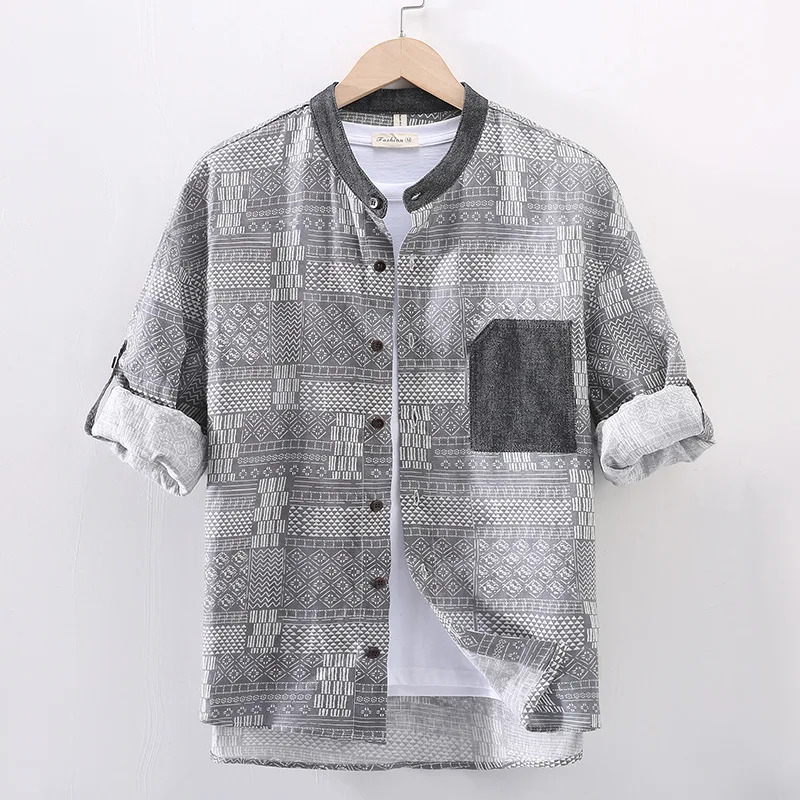 

Men's Clothing 2022 Hot Style Stand-up Collar Linen Men's Shirt Casual Fashion Short-sleeved Shirt Plus Size Camisas Para Hombre