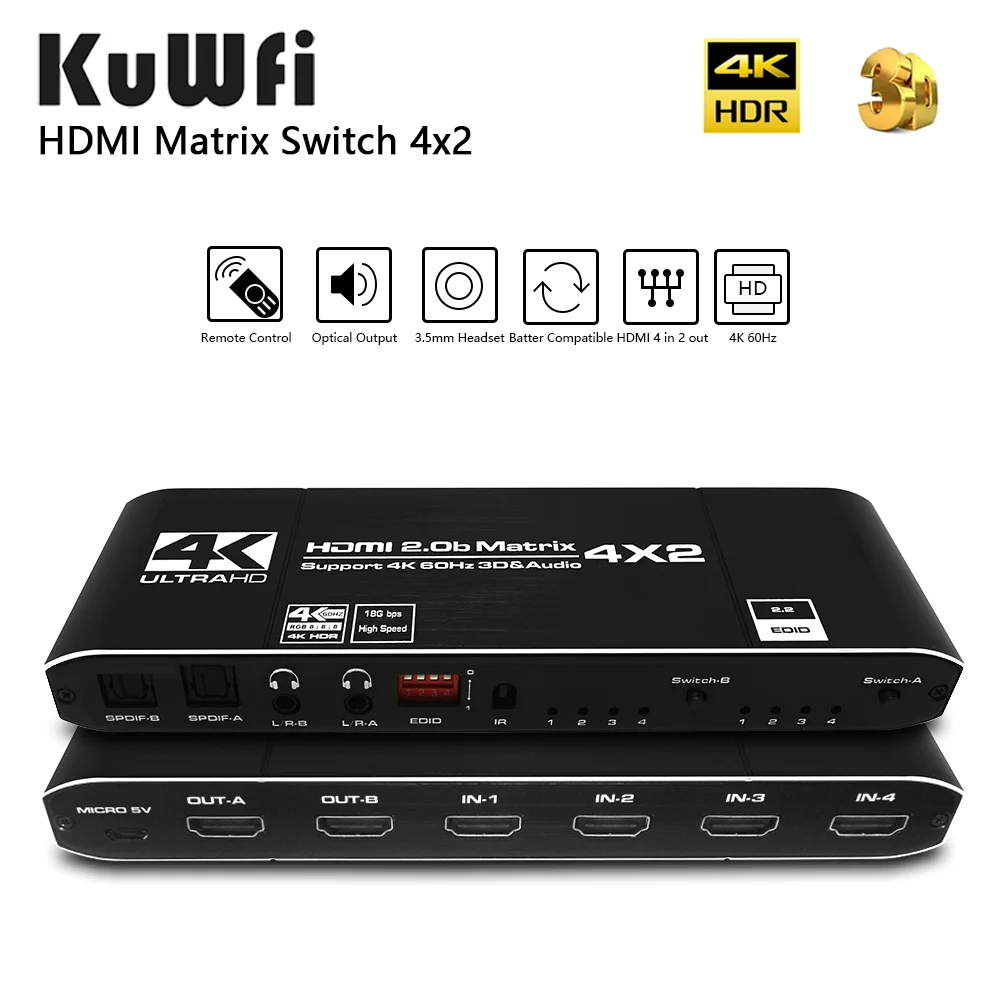 

Разветвитель KuWFi с двумя выключателями, 2,0 HD, 4K 60 Гц