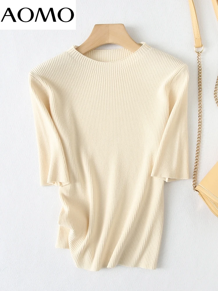 

AOMO Korea Chic Women Solid Summer Sweater Short Sleeve Ladies Basic Knitted Jumper Tops YU82A