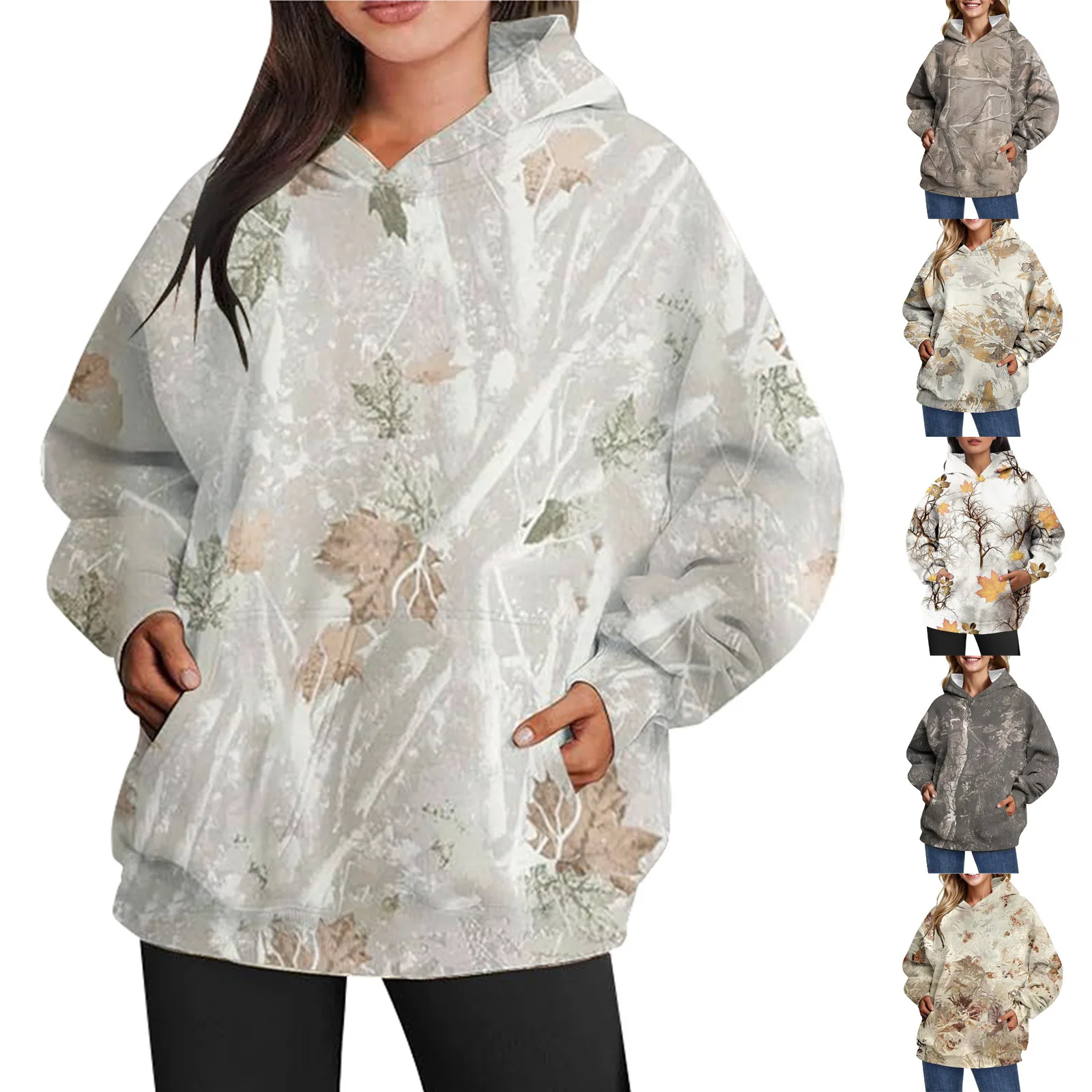 Новая свободная толстовка с капюшоном и принтом листьев женская