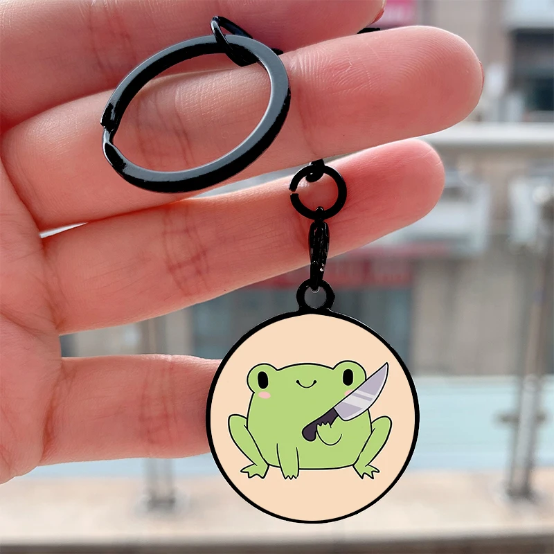 

Fashion Cute Frog With A Knife Cool Key Tag Motorcycles Cars Backpack Chaveiro Keychain For Friends Key Ring Gifts Accessories