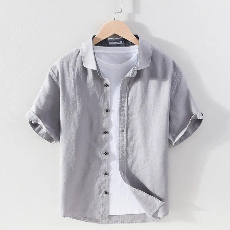 

100% Linen new brand summer shirt men short sleeve solid comfortable shirts for men tops mens clothes camisa chemise