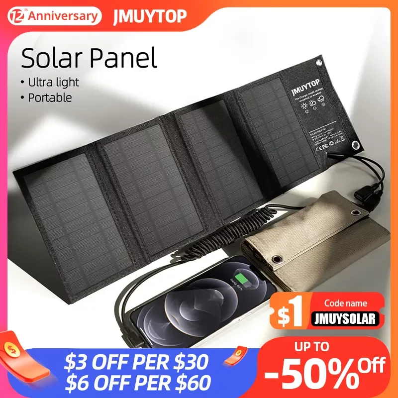 

2023NEW JMUYTOP Portable Folding Solar Panel 7W 10W Solar Cells Charger 5V Two USB Outdoor Hiking Waterproof power bank Accessor