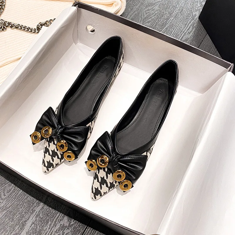 Plus Size 34-43 Women Pointed Toe Flats Slip on Girls Casual Shoes Office Lady Dress Shoes 1cm Heel Pumps Fashion Bow Female T65