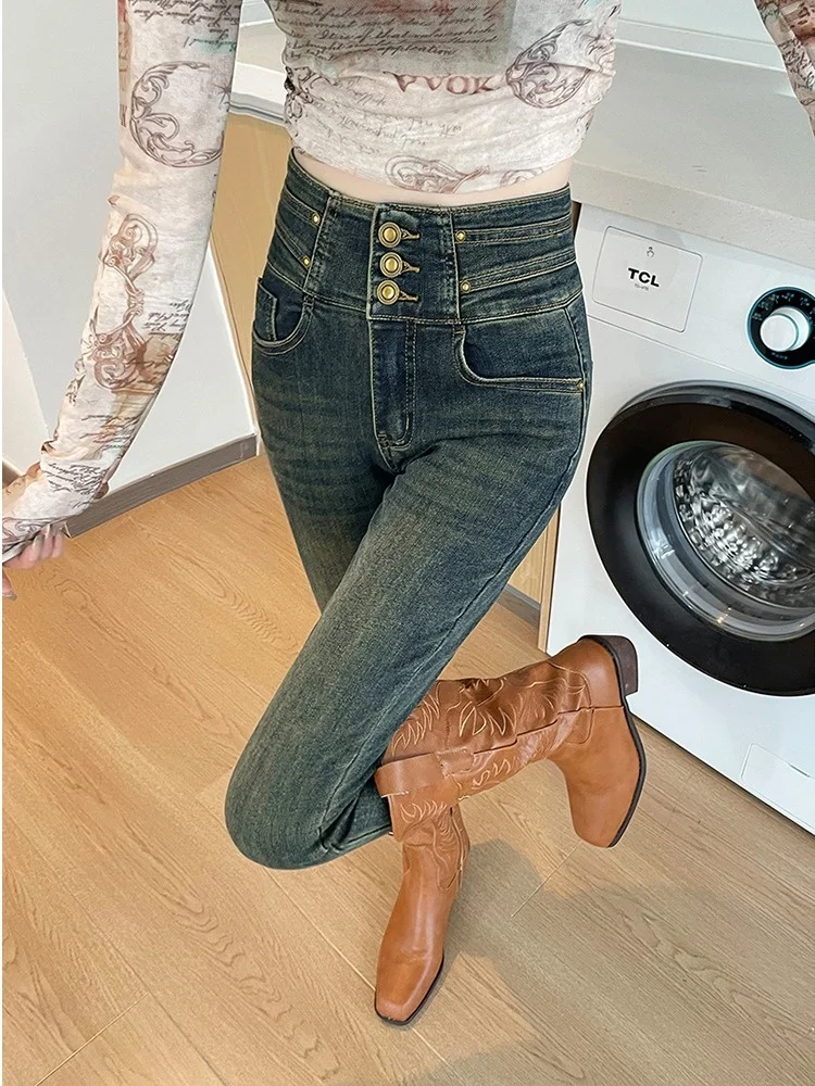 Джинсы больших размеров в стиле ретро на флисовой подкладке женские