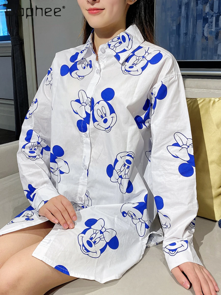 

Korean Style Cartoon Printed Long-Sleeved Cotton Shirt Women's Spring and Autumn New Retro Loose Fashion Versatile Blusas Mujer