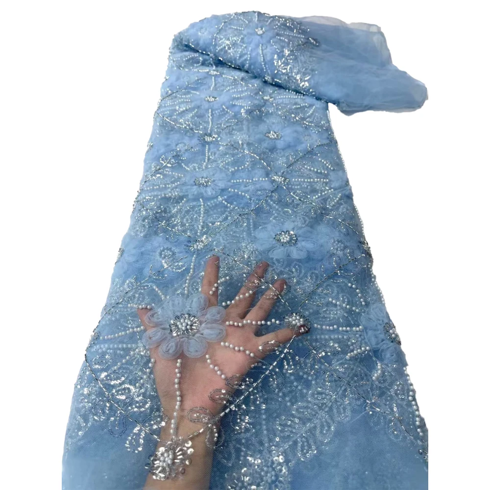 

African Lace Fabric 2023 High Quality Sequin Beaded Nigerian Wedding French tulle lace material with 5 yards of sequin